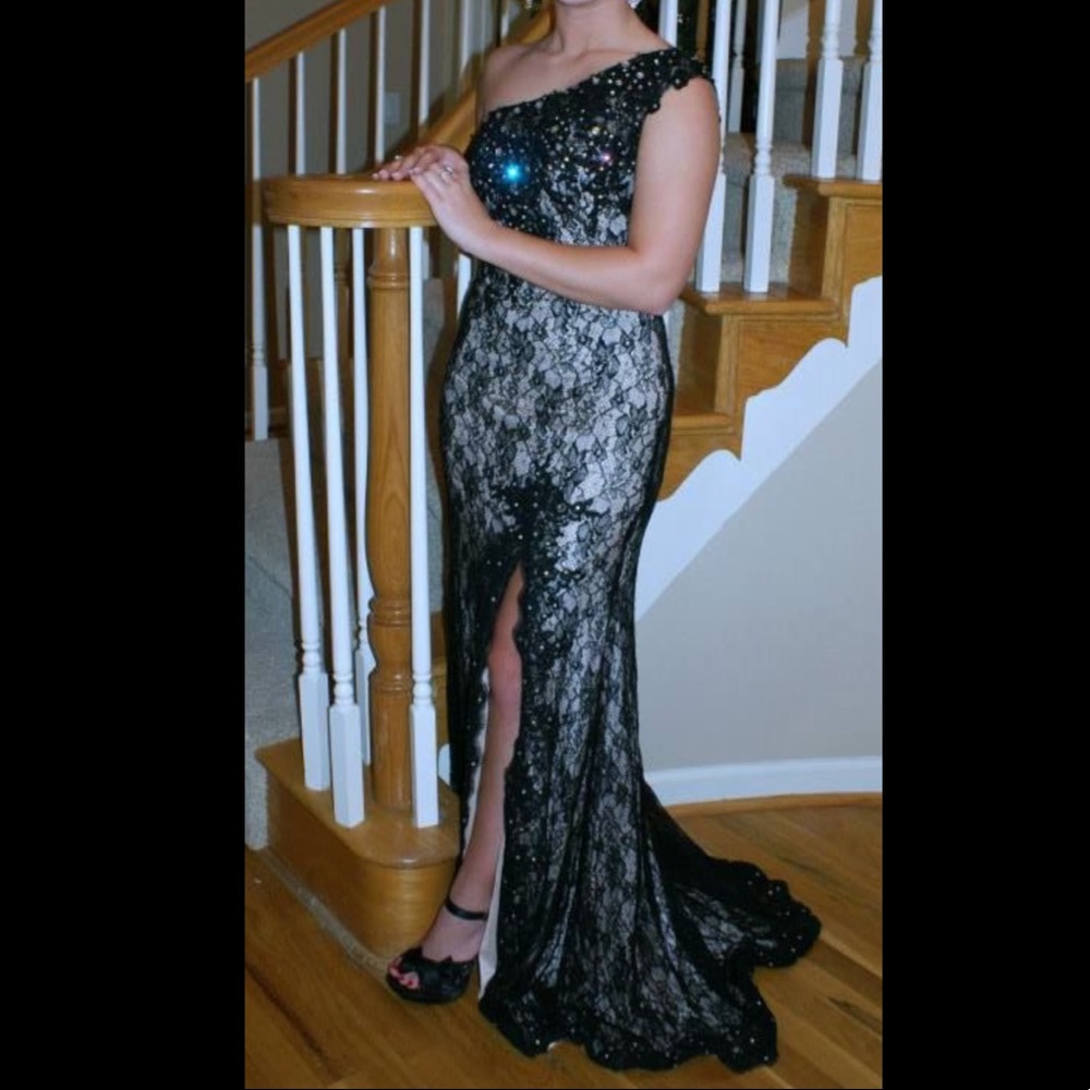 Mori Lee black lace formal